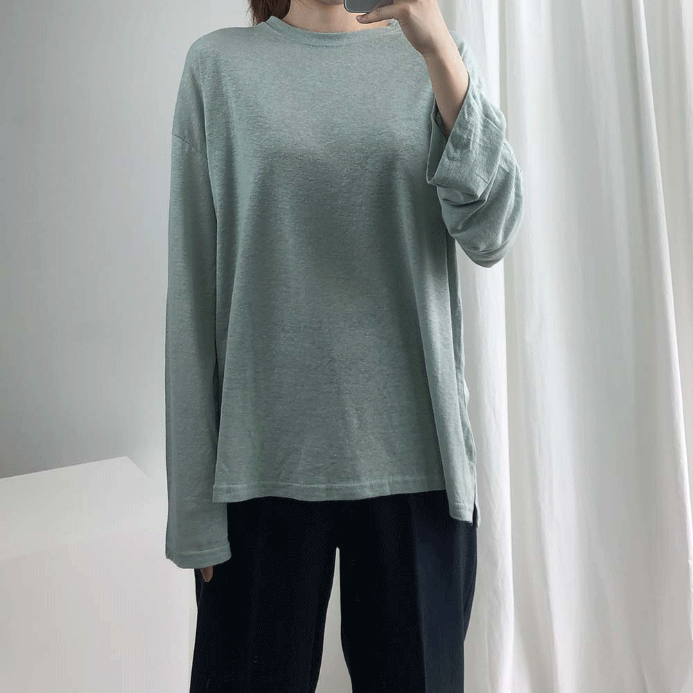 썸머 린넨 무지 긴팔 루즈핏 티셔츠 - 3col (민트,아이보리,베이지)