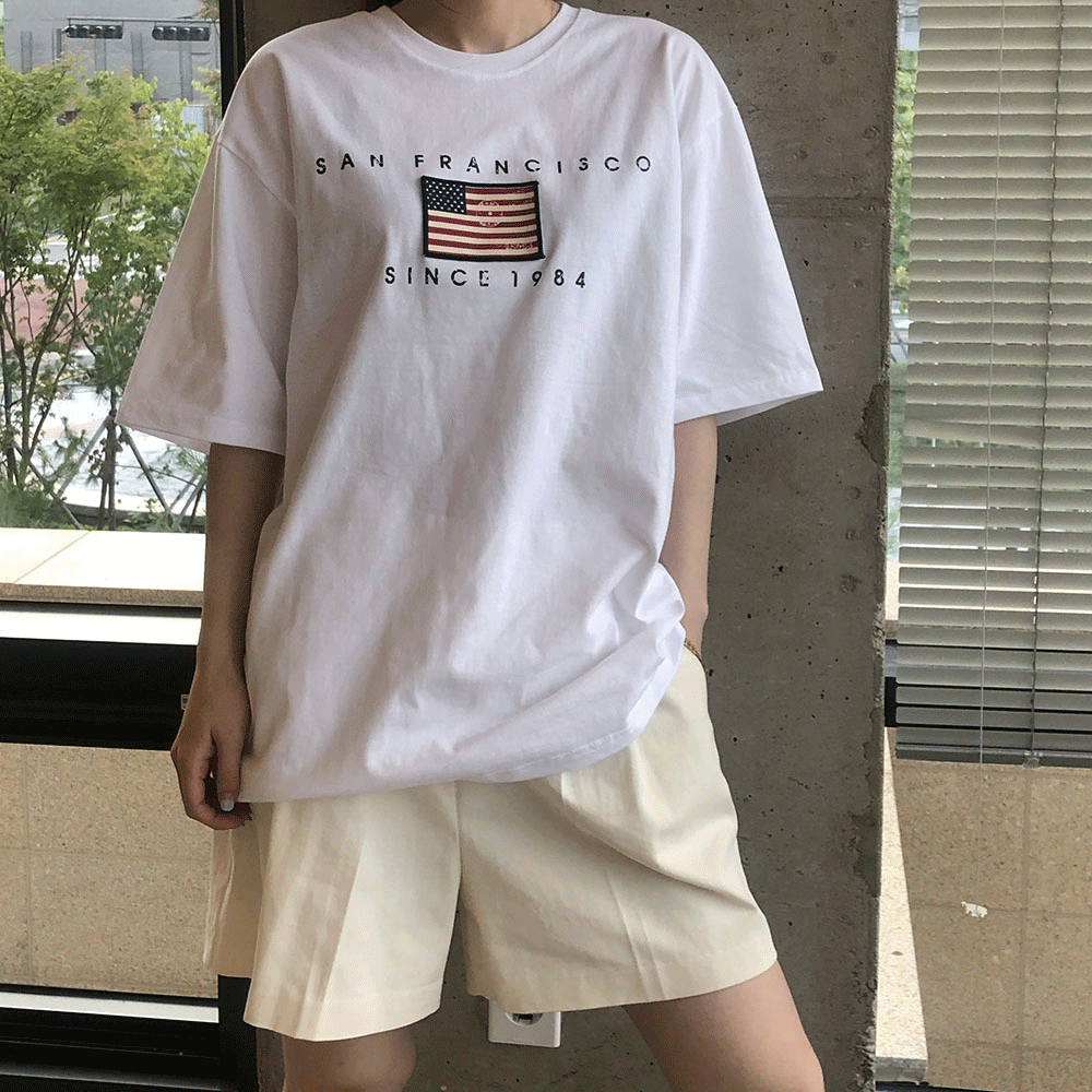 성조기 패치 반팔 오버핏 티셔츠 (남,여 공용) - 2col (화이트, 카키)