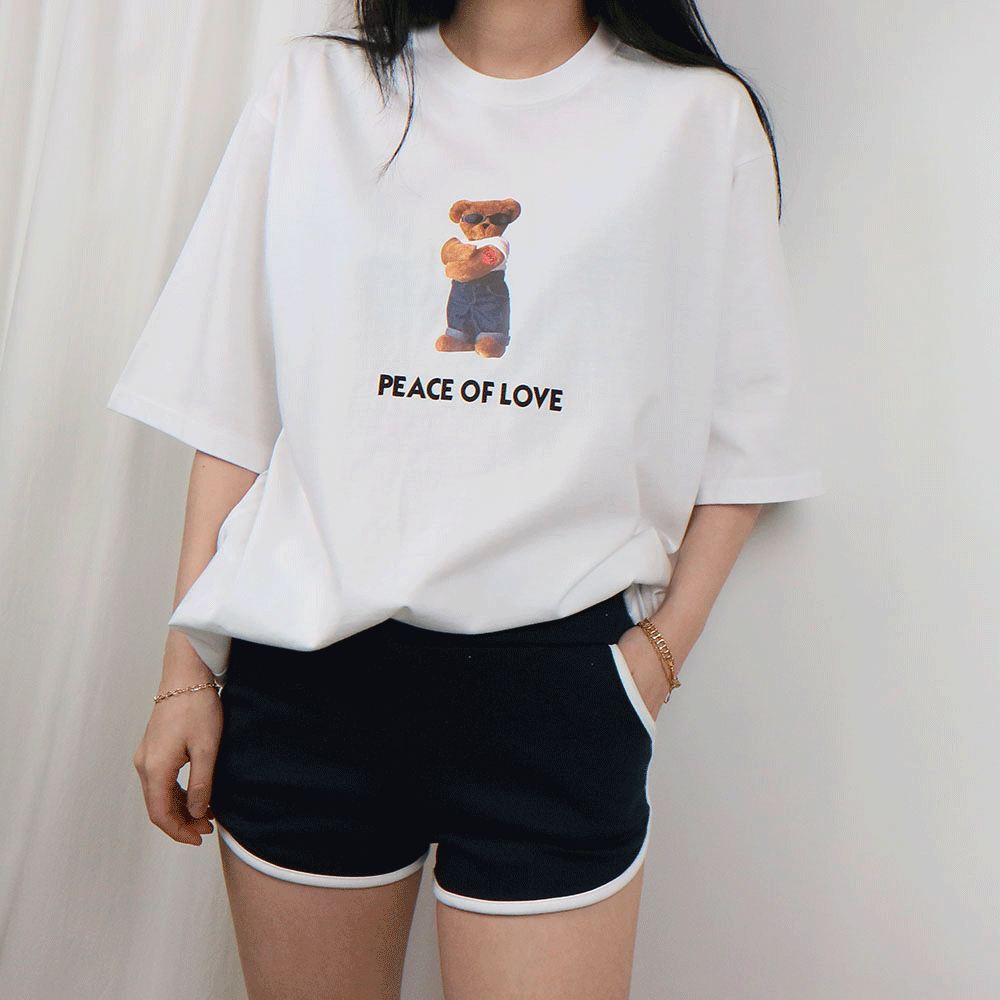 루즈핏 곰 반팔 티셔츠 - 화이트 ( 남,여 공용)